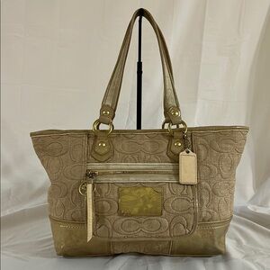 EUC Coach 16706 Poppy Signature Glam Tote Metallic Gold & Cream Canvas